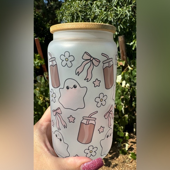 Cute ghost with bows and iced coffee Libbey frosted can glass 16oz - Picture 3 of 5